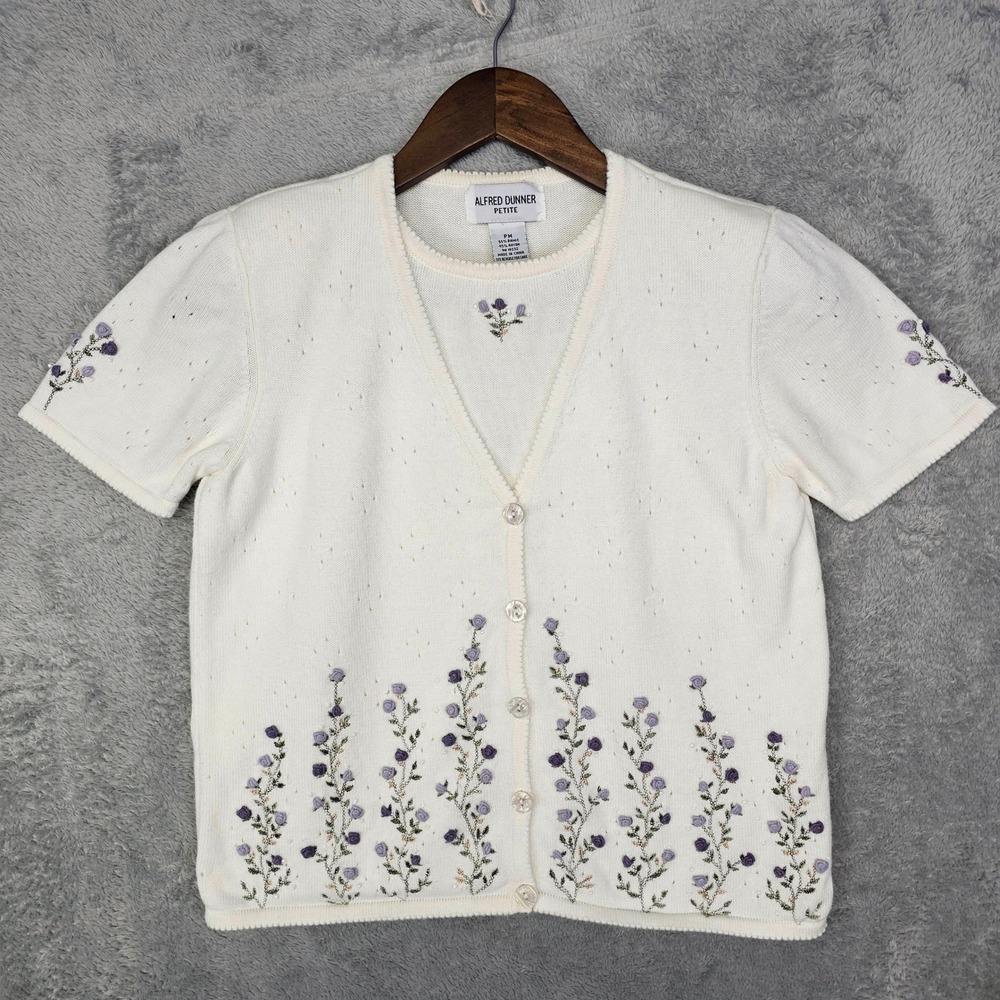 Alfred Dunner Petite Women's Sweater White Embroidered Short Sleeve *READ*